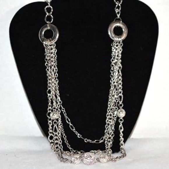 Glittering  Filigree Covered Beads Silver Tone 4 Strand Link Chain Glam Necklace - Picture 1 of 4